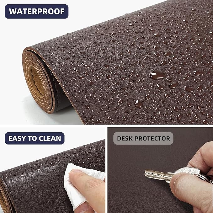 AFIING Leather Desk pad Protector, Large Non-Slip Office Desk Mat with Natural Cork & PU Leather, Waterproof Writing Mouse Pad for Office and Home (55in*17in,Coffee)