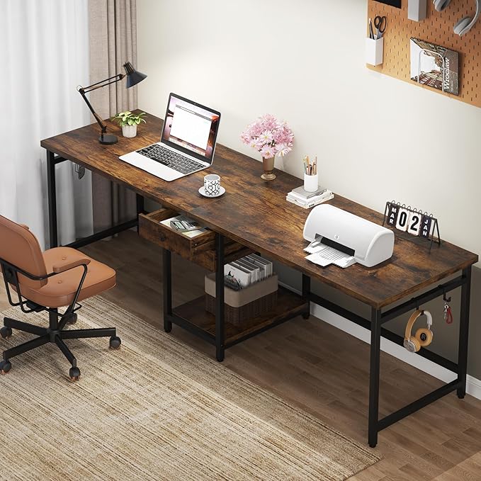 Tribesigns Two Person Desk, 79 Inch Double Desk with 2 Drawers, Large Computer Desk Long Desks with Storage Shelves, Writing Table Study Desk for Home Office, Rustic Brown (NY001)