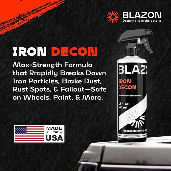 BLAZON Iron Decon - Heavy Duty Iron Remover & Wheel Cleaner, 2X Concentration for Rapid Removal of Iron Buildup, Brake Dust, and Rust Spots, Low Odor Formula - Citrus Scent - 16 Oz