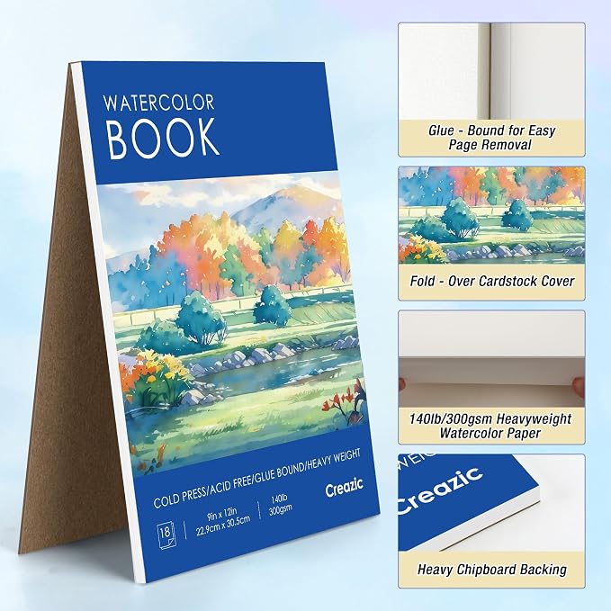 Creazic Watercolor Paper Pad, 9"x12" Water Color Paper (140lb/300gsm, 18 Sheets) - Artist Grade for Watercolor, Acrylic, Gouache & Drawing - Art Sketchbook, Watercolor Journal for Adults & Kids, Blue