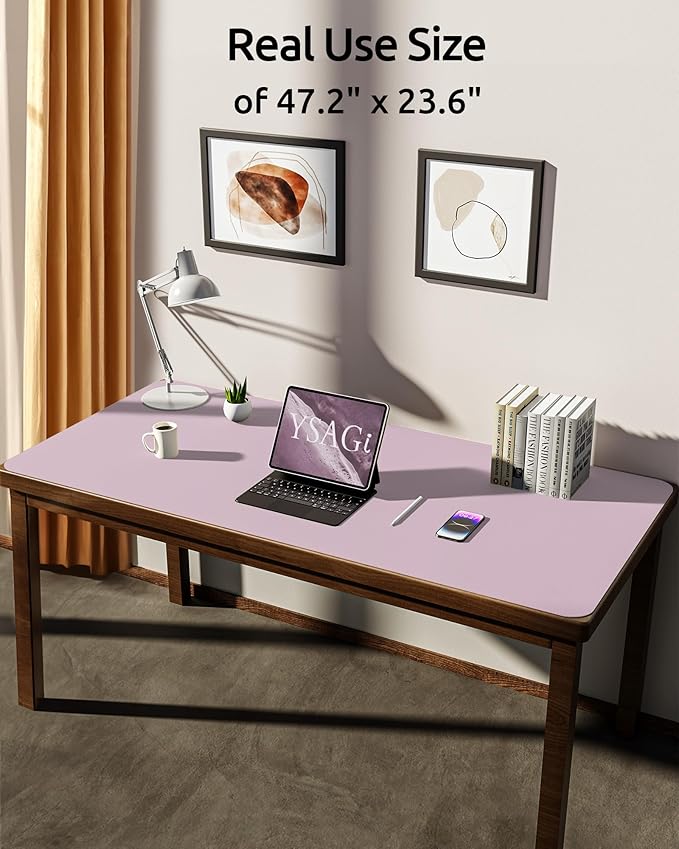 YSAGi Leather Desk Pad Protector, Office Desk Mat, Large Mouse Pad, Non-Slip PU Leather Desk Blotter, Laptop Desk Pad, Waterproof Desk Writing Pad for Office and Home(Grayish Lavender, 47.2" x 23.6")