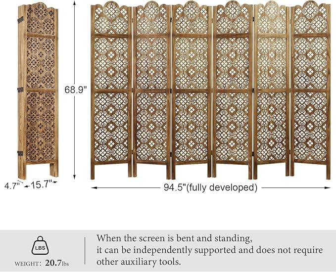 68.9Inch Folding Room Divider, 6 Panels Wood Carved Privacy Screens, Free Assembled Privacy Screen Decorative Partition for Home Office Restaurant (Dark Brown)