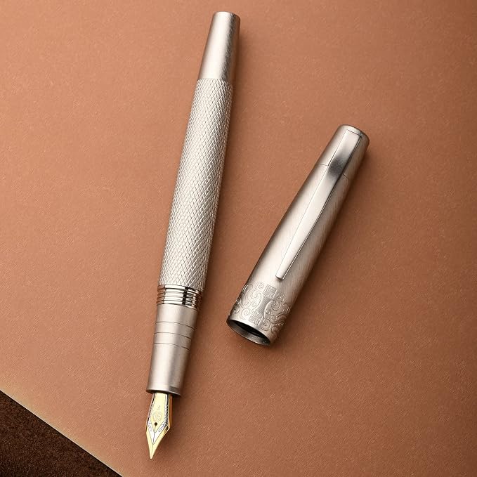 Hongdian 6013 Silver General Fountain Pen, Iridium Gold-silver Medium Nib Solid Metal Writing Pen with Metal Case