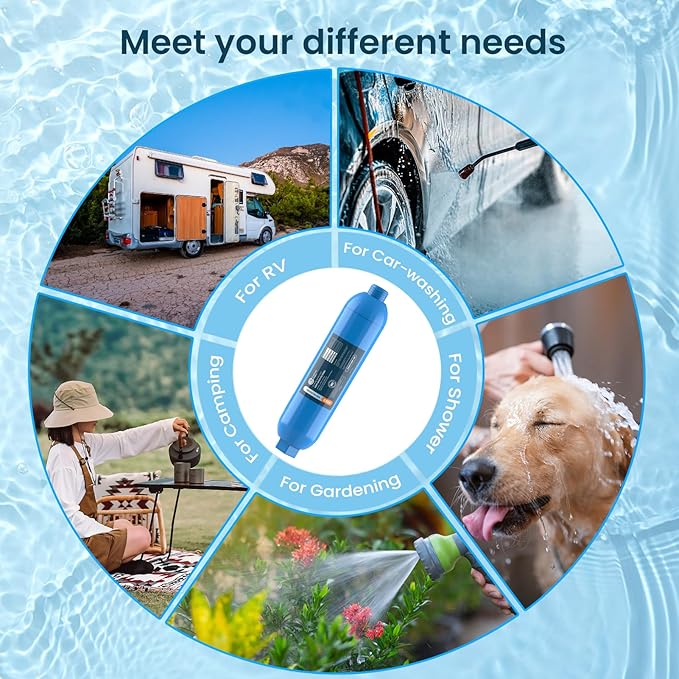 CRYSTALA RV/Camper Water Filter, Inline Water Filter Effectively Reduces Bad Taste, Odors, Chlorine and Sediment for RVs and Marines, 4 Pack Filter with 2 Flexible Hose Protector