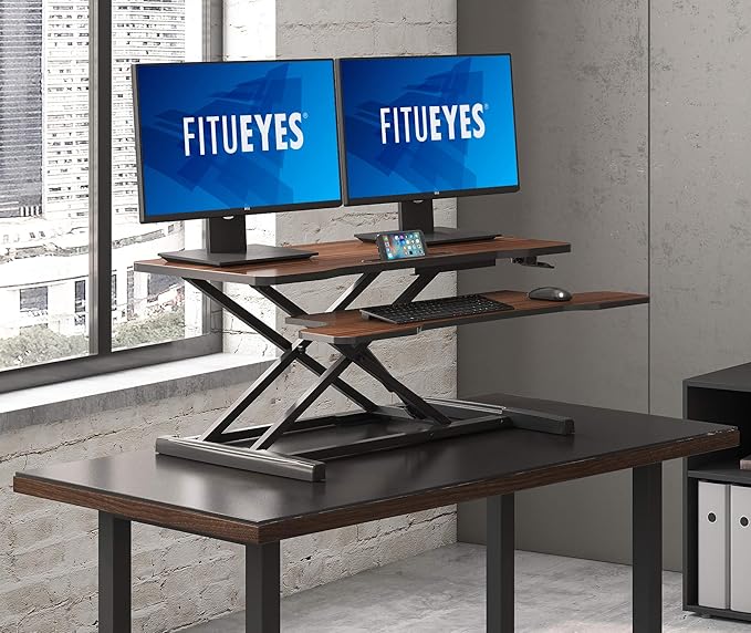 FITUEYES Height Adjustable Standing Desk 36” Wide Sit to Stand Converter Stand Up Desk Tabletop Workstation for Dual Monitor Riser FSD309102WE