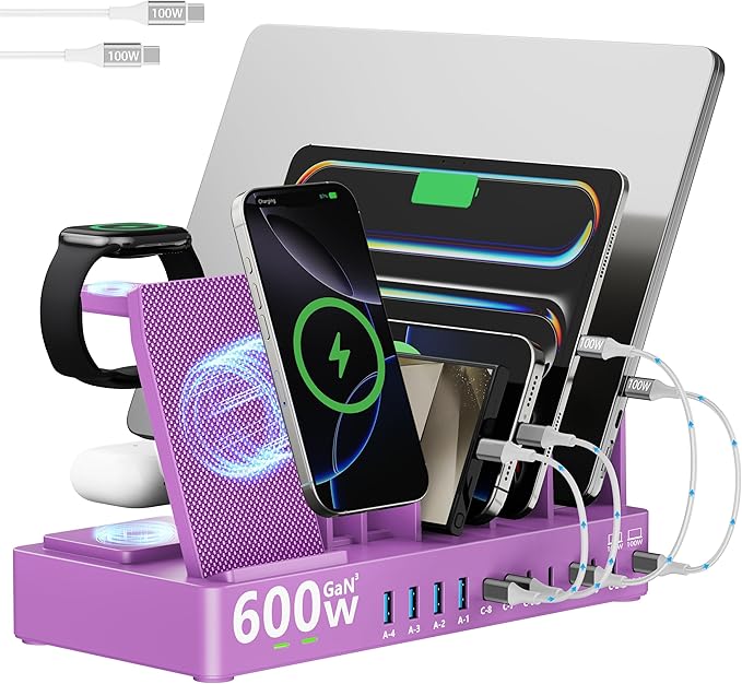 600w Charging Station for Multiple Devices, 15 in 1 Wireless Charger with 2pack 100w USB C Charger Cable, Dual 100w USB C Tablet Charging Station for MacBook,iPhone,iPad,Tablet(Purple)