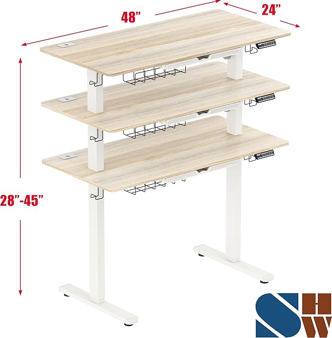 SHW 48-Inch Electric Height Adjustable Standing Desk with Drawer, Memory Preset and Cable Management Tray, Maple