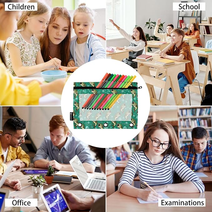 Deep Sea Fish Binder Pouches 3 Ring for Boys Girls School Office College Supplies Ocean Theme Fishman Pencil Pouches Case Bag with Clear Window and Zipper 2 Pack