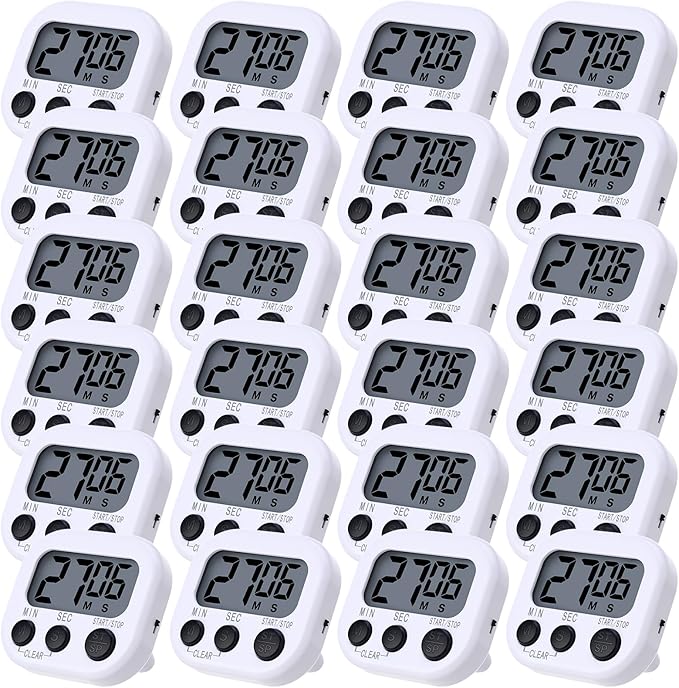 Leumoi 24 Pcs Digital Kitchen Timers Magnetic Back Timers Bulk Large Screen Loud Alarm On/Off Switch Minute Second Count up Countdown Memory Setting for Cooking Classroom Exercise (White and Black)