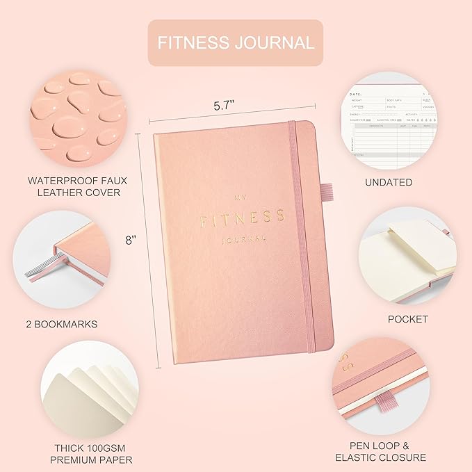 &And Per Se Fitness Workout Journal for Men & Women, Workout Log Book Planner with Daily Diet, Gym Exercise & Training Trackers - Undated, A5 Size, Leather Hardcover (Rose Gold)