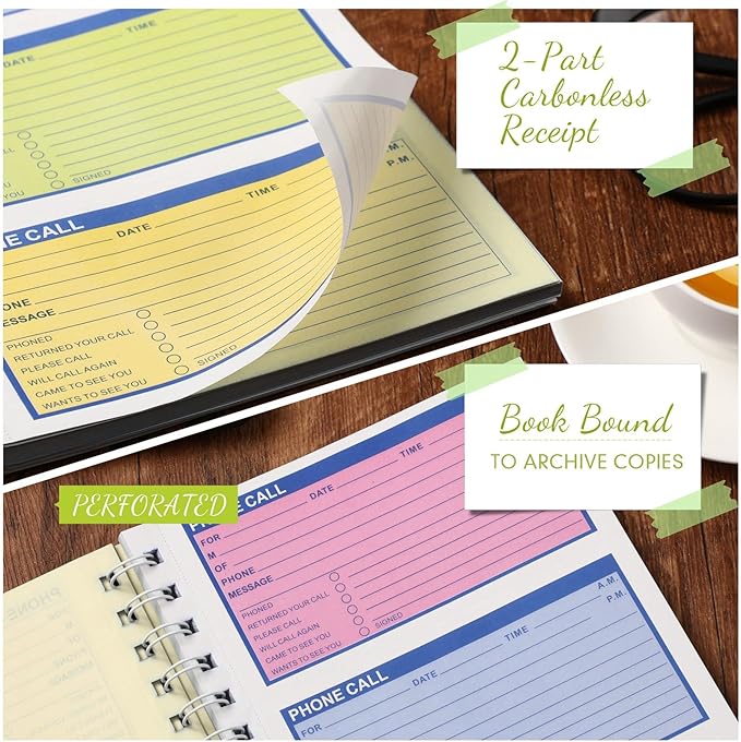 Sinmoe 2 Pcs Spiral Bound Phone Message Book with Carbon Copy 5-1/2" x 11" 2 Part Colorful Carbonless Telephone Message Pads Duplicate Spiral Phone Call Log Book for Business Office
