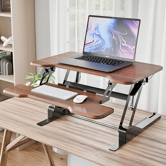 Mount-It! Height Adjustable Standing Desk Converter, Compact 30” Wide Tabletop Standing Desk Riser with Gas Spring, Desktop Stand Up Workstation with Keyboard Tray Fits Monitor or Laptop, Dark Walnut
