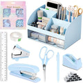 COMFYROOM Desk Accessories with Pen Holder, Office Supplies Desk Organizers and Accessories, Tape Dispenser, Stapler, Staple Remover, Staples, Clips Set, Ruler, Scissor, Pen, Tape (Blue)