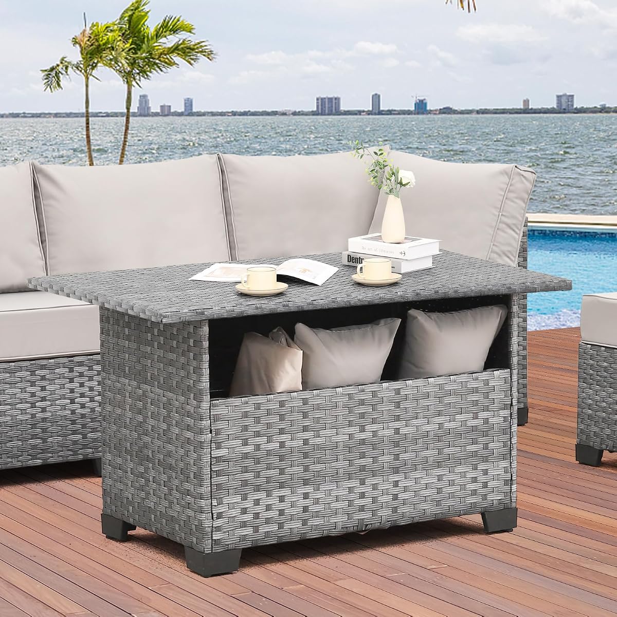 Outdoor PE Wicker Coffee Table - Patio Rattan Garden Furniture Multi-Functional Storage Tea Dining Table, Grey