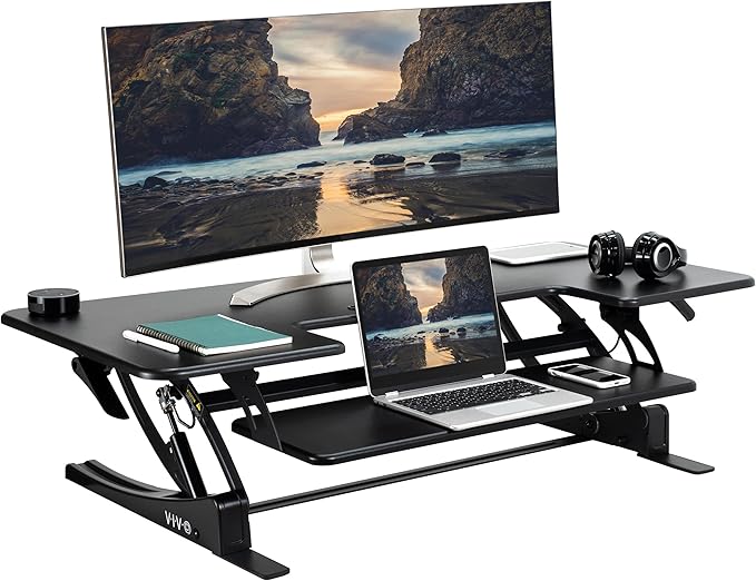 VIVO 48 inch Height Adjustable Large Stand Up Desk Converter, V Series, Quick Sit to Stand Tabletop Dual Monitor Riser Workstation, Black, DESK-V048V