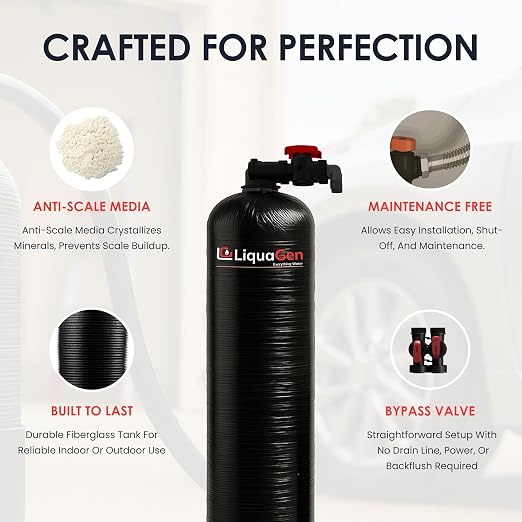 LiquaGen Salt-Free Water Conditioner with Carbon/KDF Pre-Filter | Whole House Anti-Scale System | Reduces Mineral Build-Up | Eco-Friendly, Low Maintenance Water Softener Alternative (12 GPM)