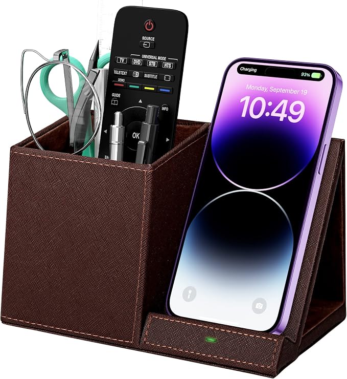 Desk Supplies Organizer, Multi-Functional Pencil Pen Holder with Wireless Charger, Desktop Stationery Organizer, Home Office Supply Storage Box Caddy (Brown)