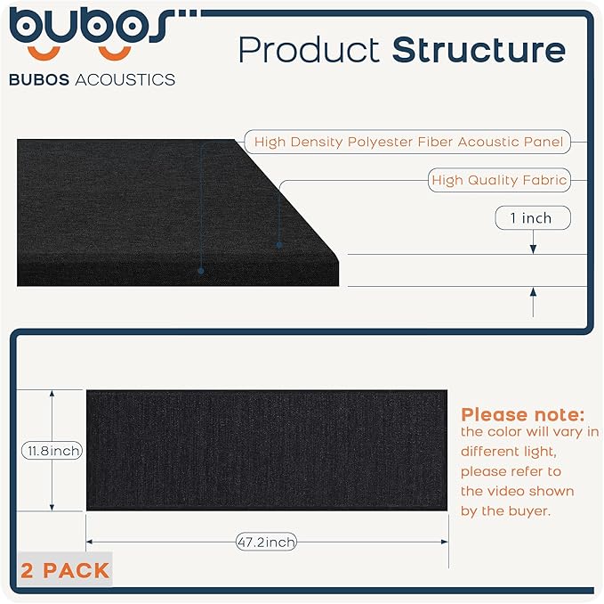 BUBOS 2 PCS Acoustic Panels,47.2''x11.8'' Fabric Soundproof Wall Panels,Self-adhesive Sound Absorbing Panels for Studios, Office, Home Theater, Fabric-Clad-N Matte Black