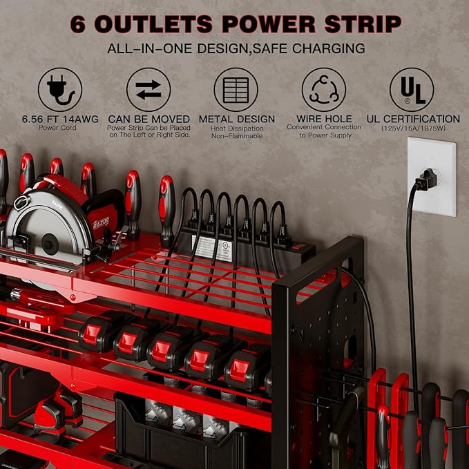 NattyDot Power Tool Organizer Wall Mount with Charging Station 4 Layer 6 Slot Cordless Drill Holder with Angle Grinder Holder (Red)