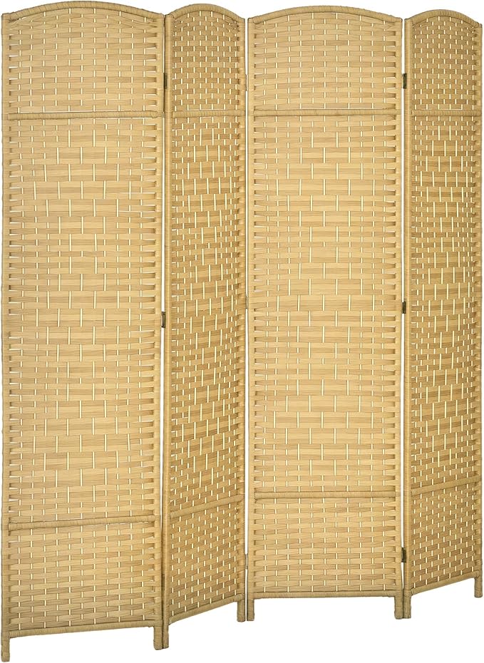 HOMCOM 4 Panel Room Divider, 6' Tall Folding Privacy Screen, Hand-Woven Freestanding Wood Partition for Home Office, Bedroom, Nature Wood