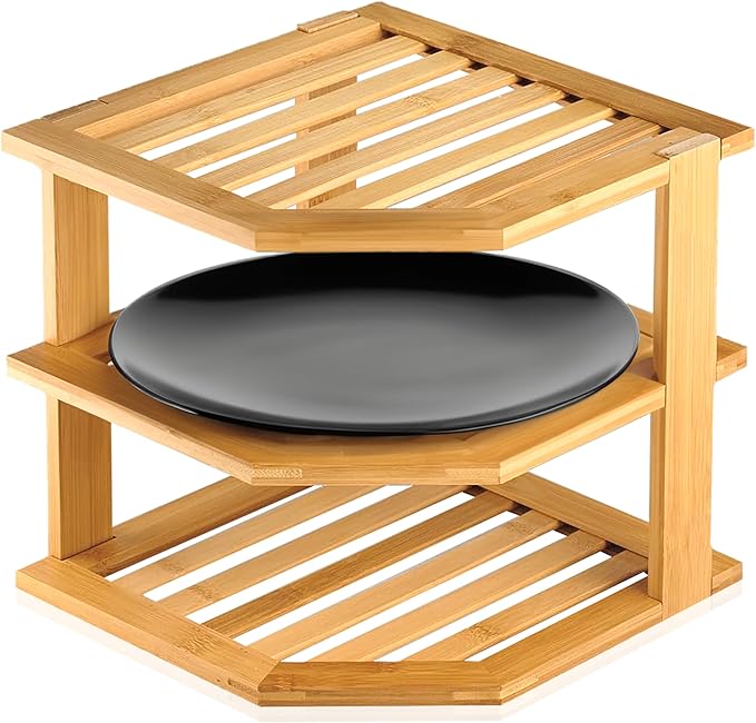 RoyalHouse Bamboo 3-Tier Corner Shelf Organizer for Countertop & Kitchen Cabinet, Space Organizer for Kitchen and Bathroom