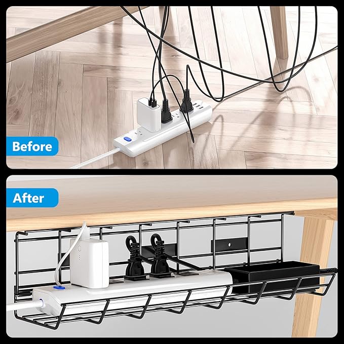 2 Pack DELAMU Under Desk Cable Management Tray, Metal Cord Cable Organizer for Desk, Easy Install Pre-drilled Wire Management Wire Organizer for Office & Home