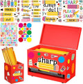 Mifoci 8 Pcs Wooden Pencil Dispenser Kit for Classroom Wooden Pen Holder Straw Dispenser Sharp and Dull Letter Stickers for Teachers Classroom Supplies Storage (Red)