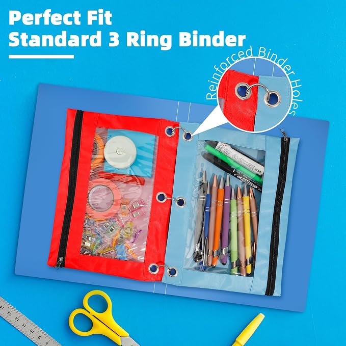 Pencil Pouch for 3 Ring Binder, 6 Pack Pencil Bags with Zipper, Large Capacity Pencil Case for Binder Assorted Color Pencil Case Pouch with Clear Window and Grommets Pencil Pocket for Office Supplies