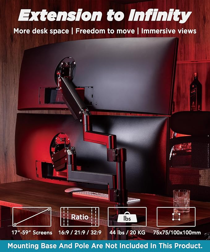 ULTRARM Heavy Duty Extension Arm [Accessory Only - Requires MA20P-S Single Monitor Arm for Use] Dual 49" Vertical Stacked Monitor Mount Height Adjustable - 100x100 VESA Mount, Black, MA20P-A