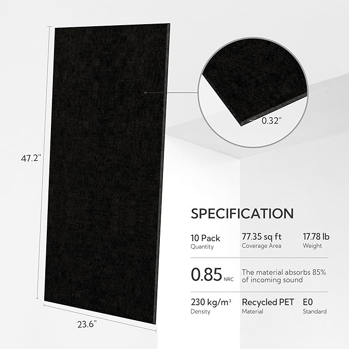 Olanglab Acoustic Wall Panels 10 Pack, 48 x 24 per Acoustic Panels Sound Absorbing, Sound Panels for Home Studio and Office, Plain Black