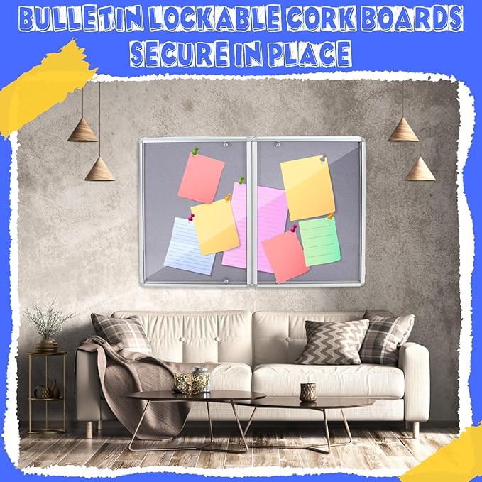 Enclosed Bulletin Board 48" x 36" Weather Resistant Lockable Notice Cork Display Board Wall Mounted 2 Locking Door for School Classroom Commercial Christmas, 12 x A4(Gray, Silver Frame)