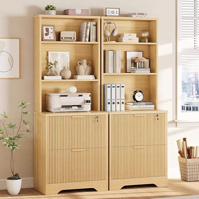 SEDETA 2 Drawer File Cabinet with Lock, Wood Filing Cabinet fits Letter, Legal, A4 Size, Hanging File Folders, Farmhouse File Cabinets for Home Office with Adjustable Storage Shelf, Natural Oak