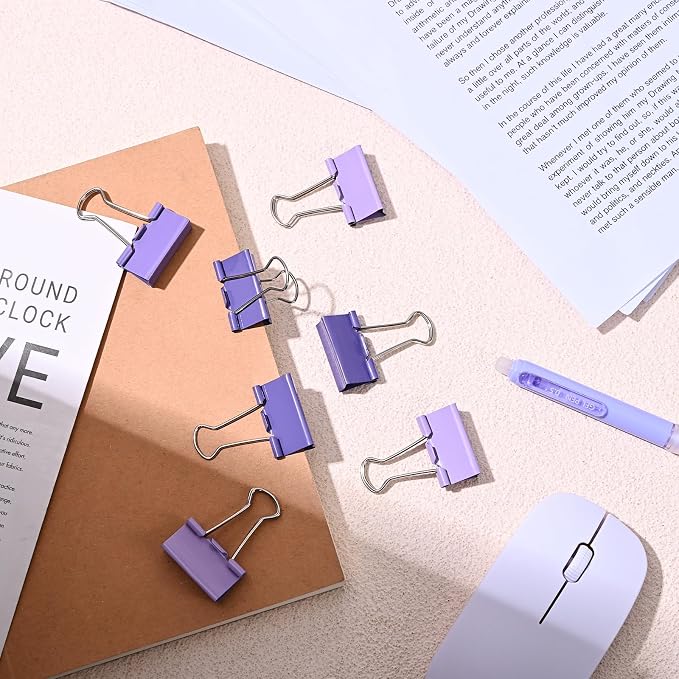 Temiary Metal Binder Clips, Assorted Sizes Extra Large, Large, Medium, Small, Mini, Micro Binder Paperwork Clip, Morandi Colored Paper Clamps Bulk for Office, Home, School (Purple 208P)