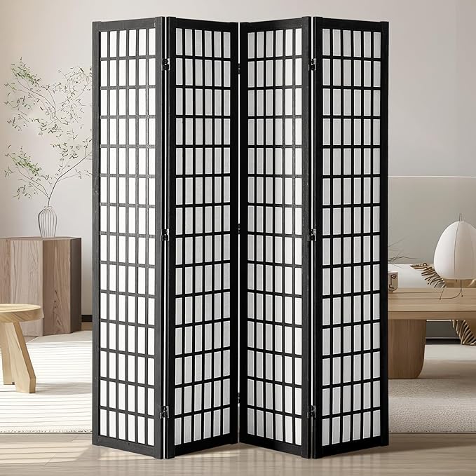 VEVOR Room Divider, 4 Panel Japanese Room Divider, Wood Folding Privacy Screen Indoor, Partition Dividers Portable Decoration Screens, for Room Separation Home Office Restaurant & Bedroom(Black)
