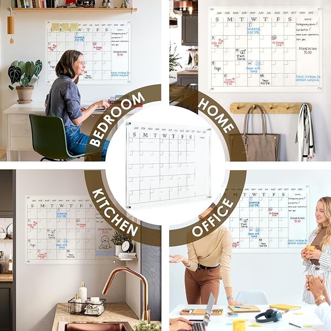 MAKELLO Acrylic Calendar for Wall 24" x 18", Clear Dry Erase Calendar for Office, School, Home, Bedroom, 4 Pens, Pen Holder, Wall-Mount Screws