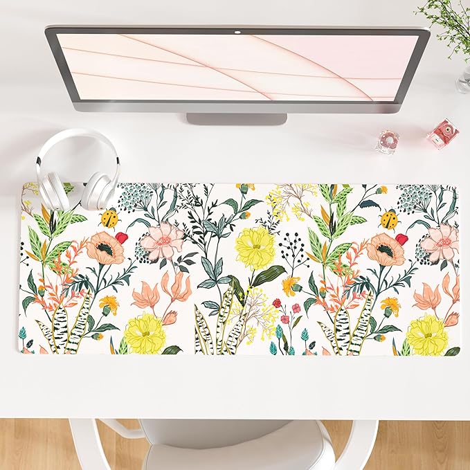 QIYI Floral Large Mouse Pad, Colorful Desk Mat for Desktop, Women Girls Desk Accessories Office Décor, PU Leather Waterproof Big Gaming Mousepad, Blooming Flowers Desk Pad Computer Mat, 31.5" x 11.8"