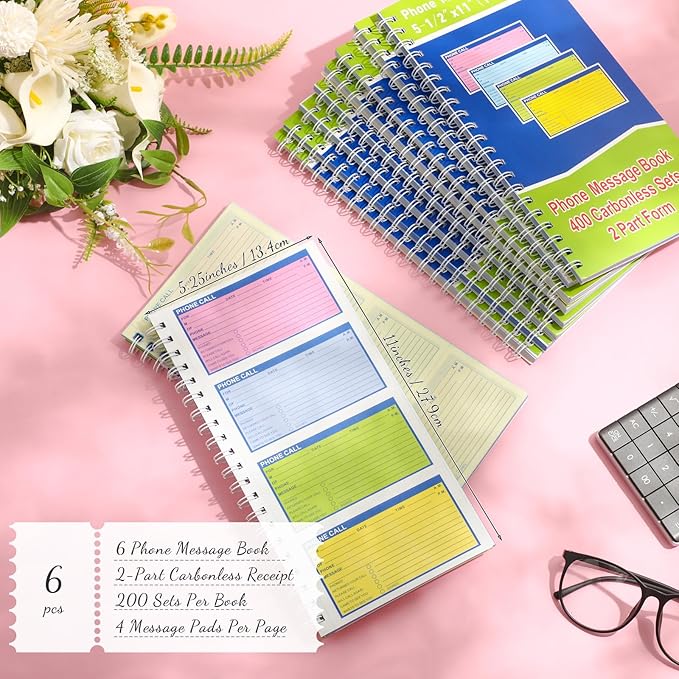 Sinmoe 6 Pcs Spiral Bound Phone Message Book with Carbon Copy 5-1/2" x 11" 2 Part Colorful Carbonless Telephone Message Pads Duplicate Spiral Phone Call Log Book for Business Office