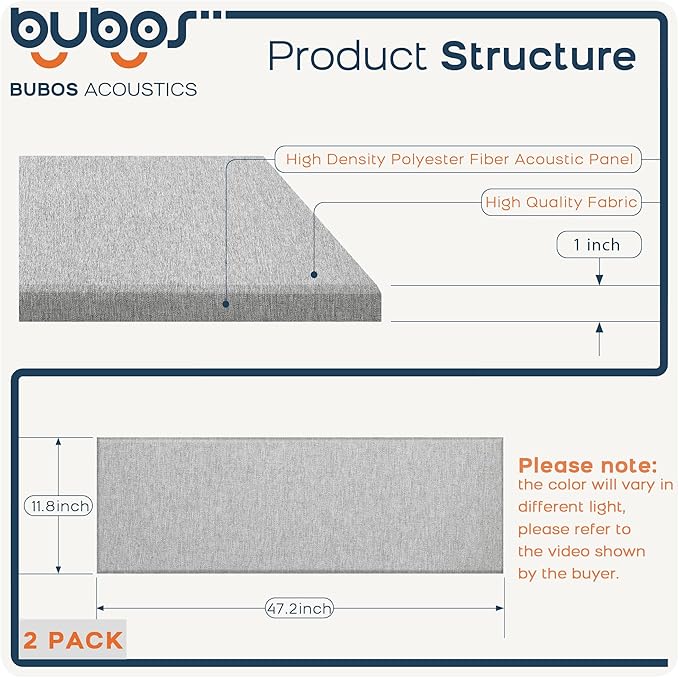 BUBOS 2 PCS Acoustic Panels,47.2''x11.8'' Fabric Soundproof Wall Panels,Self-adhesive Sound Absorbing Panels for Studios, Office, Home Theater, Fabric-Clad-N Light Grey