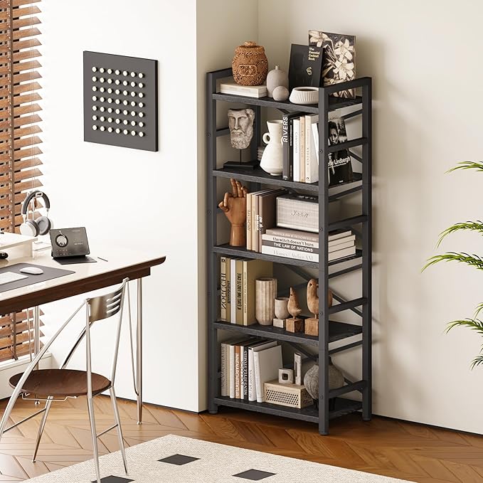 Homeiju Organization and Storage,Tall Bookcase with Shelves, Wood and Metal Book Shelf Storage Organizer, Industrial Display Standing Shelf Unit for Bedroom, Living Room, Black