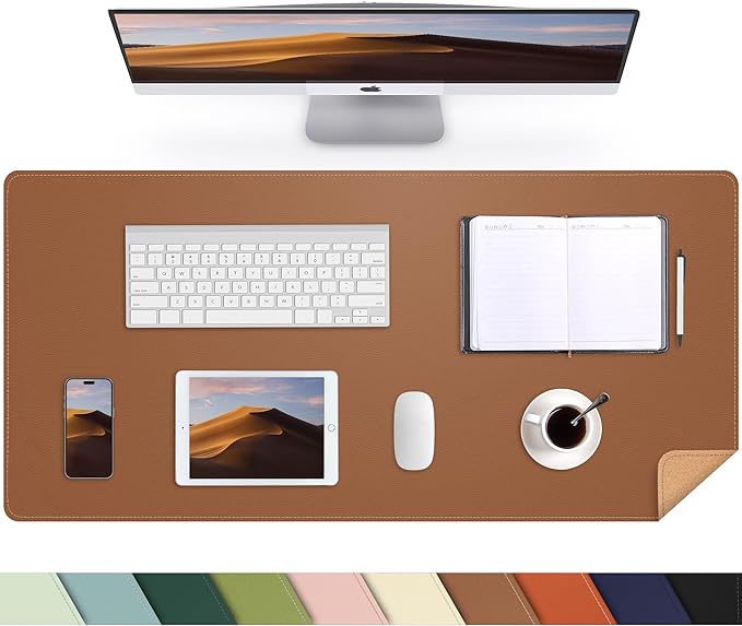 Leather Desk pad Protector, Large Desk mat with Natural Cork & PU Leather,Mouse pad,Non-Slip Office Desk Mat,Waterproof Desk Writing Pad for Office and Home (35in*17in, Brown)