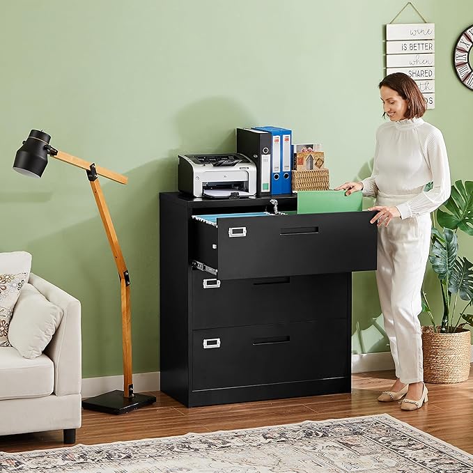 Letaya Lateral 3 Drawer File Cabinets with Lock, Metal Filing Storage Vertical Cabinets,Home Office Furniture for Organization Hanging Letter/Legal/F4/A4(Black)