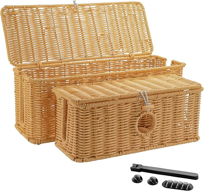 IHKFILAN 2 Pcs Handmade Cable Management Boxes Rattan Cable Organizer Large & Medium Cord Hider Organizer Boxes Power Strip Boxes Locked Cover with 2 Open Slots for Home and Workplace