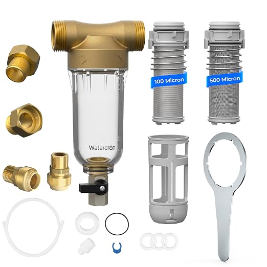 Waterdrop RPFK15 Spin Down Sediment Filter, 100 Micron+500 Micron | Backwash Whole House Water Filter System for City/Well Water, 1" MNPT + 3/4" FNPT + 3/4" MNPT, Traps Sand, BPA Free