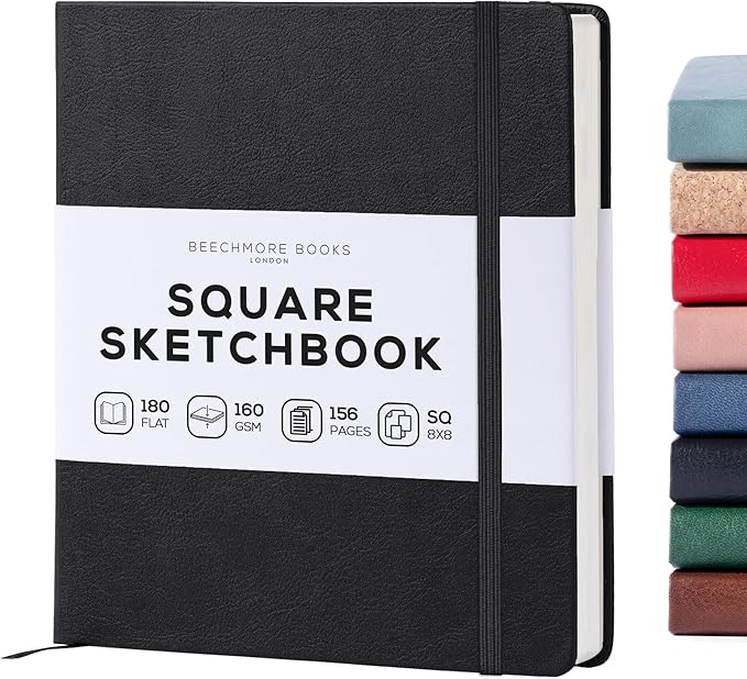Beechmore Books Square Sketchbook – 8x8 Premium Vegan Leather Bound Large Sketch Book Hardcover with 156 Thick 160gsm Perforated Ivory Pages, Blank Sketch Pad, Gift Boxed Back Pocket, Ribbon Bookmark