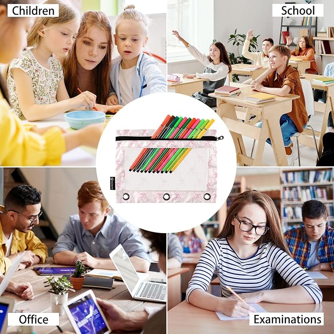Wamika Bowknot Pink Binder Pouches 3 Ring for Boys Girls School Office College Supplies Cute Bow Ribbon Tie Pencil Pouches Case Bag with Clear Window and Zipper 2 pack