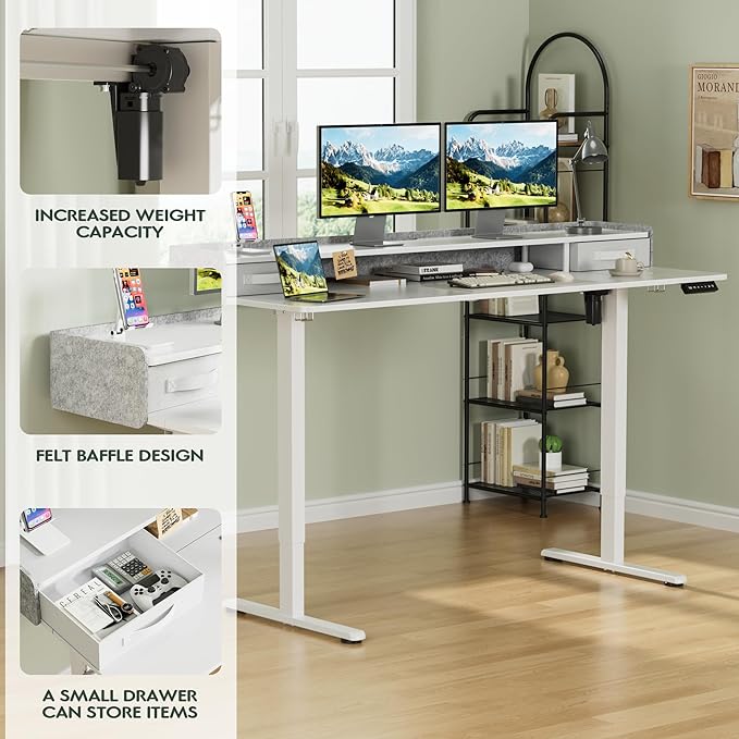Homall Electric Standing Desk with 2 Drawers, Adjustable Height Computer Desk with Monitor Shelf Sit Stand Table with Splice Board Quick Install for Home Office (White, 63 Inch)