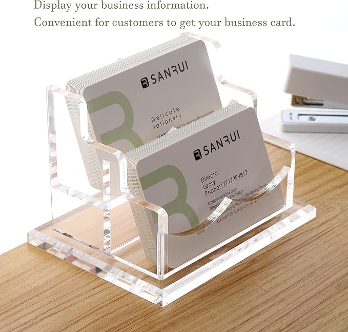 YUXUN Clear Acrylic 2-Tier Business Card Holder – 2-Slot Desk Organizer for Office, Reception, Trade Shows (Ideal for Men & Women)