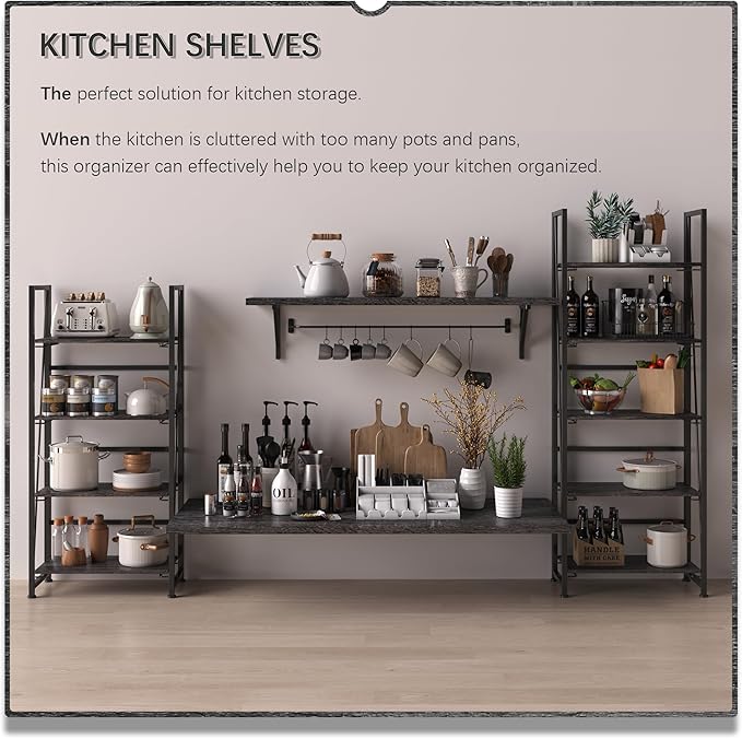 4NM No Assembly Folding Bookshelf Storage Shelves 4 Tiers Vintage Bookcase Standing Racks Study Organizer Home Office (Gray Black)