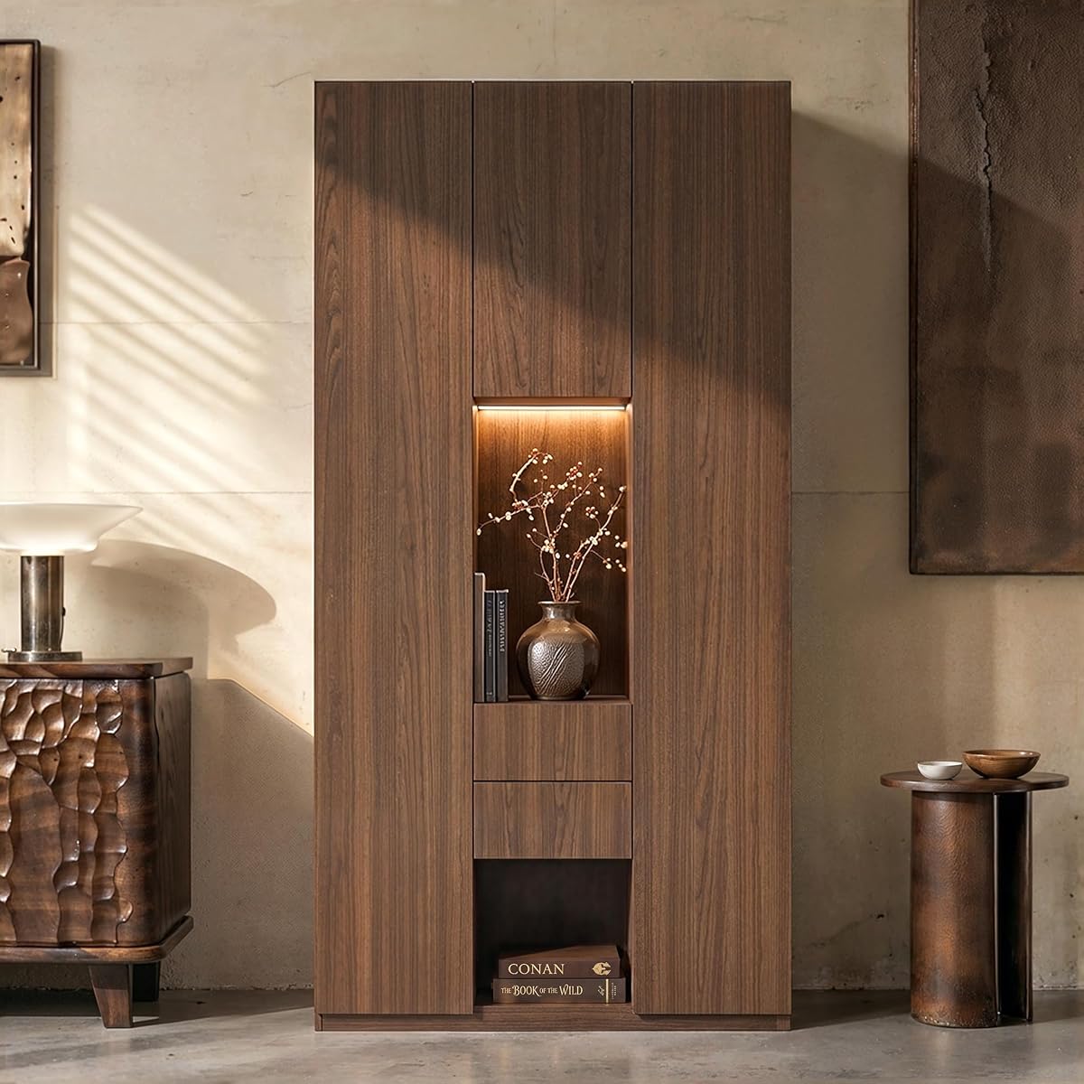 92.5" Tall Bookcase with Lights, Walnut