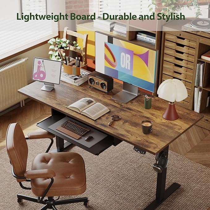 Agilestic Height Adjustable Desk with Keyboard Tray, 55 x 24 Inches Electric Standing Desk with Memory Preset, Stand up Computer Table, Lightweight Board, Dark Brown